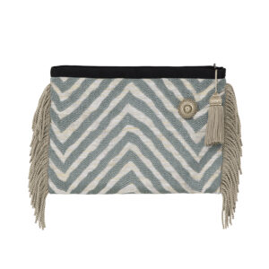 Pochette en jacquard satin brillant aux reflets métallique Franges coton et lurex