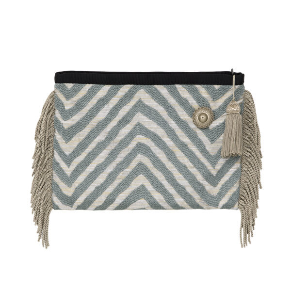 Pochette en jacquard satin brillant aux reflets métallique Franges coton et lurex